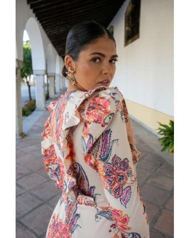 Vestido Emma beige estampado elegante midi | Invitada boda