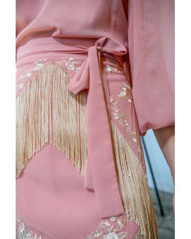 Vestido Triana coral con flecos elegante midi | Invitada boda