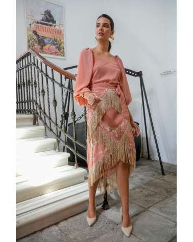 Vestido Triana coral con flecos elegante midi | Invitada boda