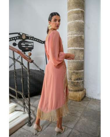 Vestido Triana coral con flecos elegante midi | Invitada boda