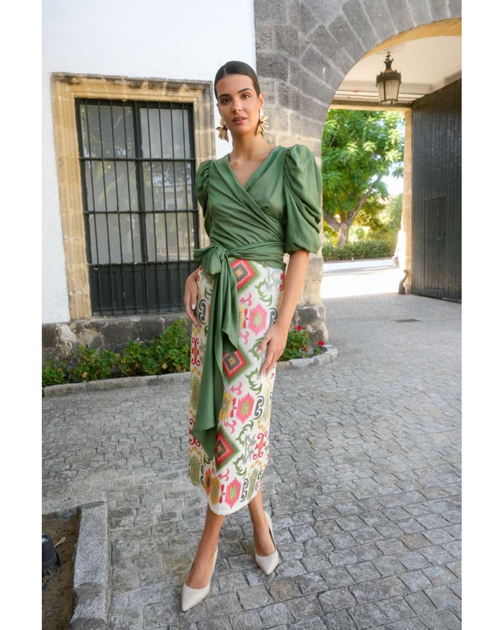 Conjunto Alameda verde elegante falda midi | Invitada boda