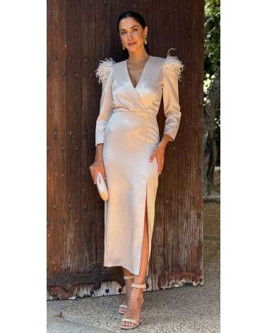 Vestido Anita beige elegante midi | Invitada boda mujer