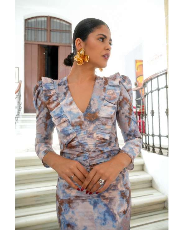 Vestido Emma Azul estampado elegante midi | Invitada boda